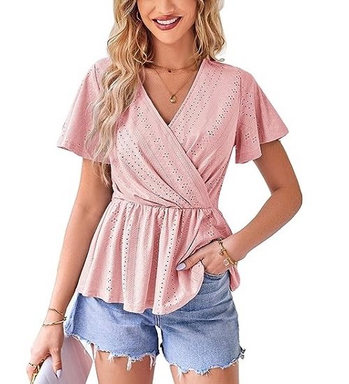 Women's Tops V Neck Eyelet Tops Ruffle Sleeves Ruffle Blouses Summer Casual T-Shirts