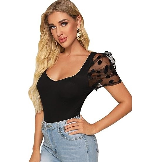 Women's Sweetheart Neck Mesh Puff Sleeve Slim Fitted Tee Top