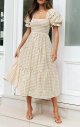 Women's Bohemian Summer Plaid Square Neck Puff Sleeve Ruffle Midi Dress