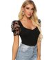 Women's Sweetheart Neck Mesh Puff Sleeve Slim Fitted Tee Top