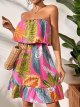 Women's Floral Summer Beach Dress Tropical Leaves Print Sleeveless Ruffle Hem Bandeau Dress