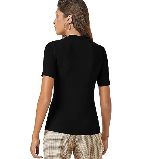 Women's Casual Basic Mock Neck Short Sleeve Rib Knit Tee Top