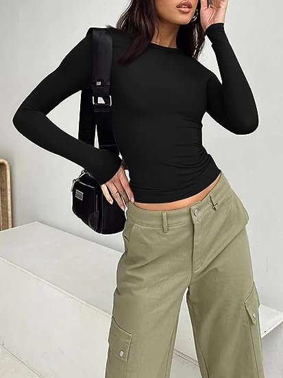 Women's Long Sleeve Fall Crop Tops Basic Layering Slim Fit T-Shirt Tops
