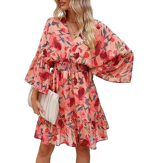 Women's Floral Dress Bohemian A-Line Chiffon Dress Casual Dolman Sleeve Short Dress